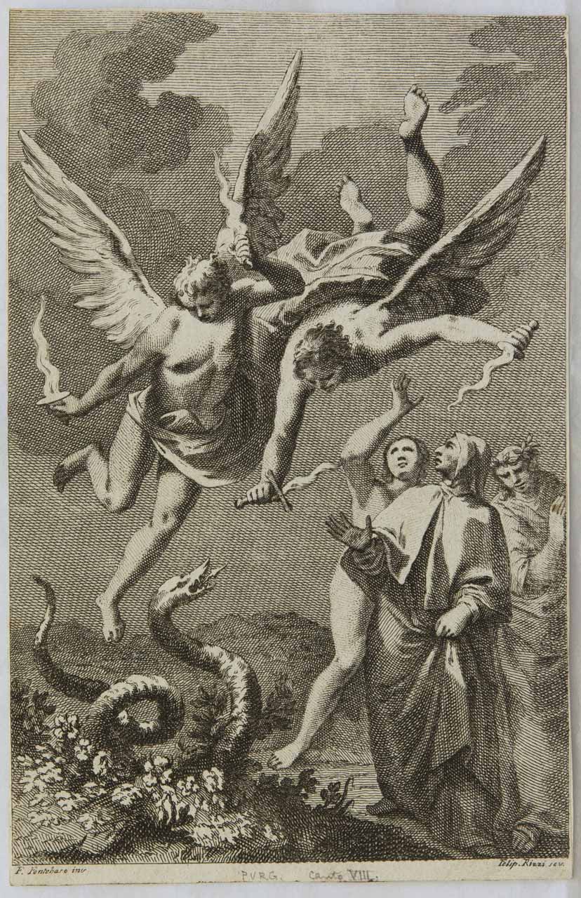 Gli angeli mettono in fuga il serpente davanti a Dante e Virgilio (stampa tagliata, serie) di Rizzi Filippo, Fontebasso Francesco - ambito veneziano (sec. XVIII)