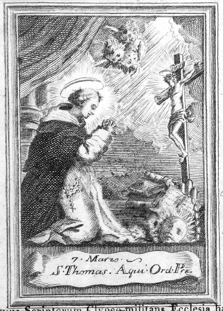 San Tommaso d'Aquino prega davanti al Cristo crocifisso (stampa) - ambito romano (?) (seconda metà sec. XVIII)