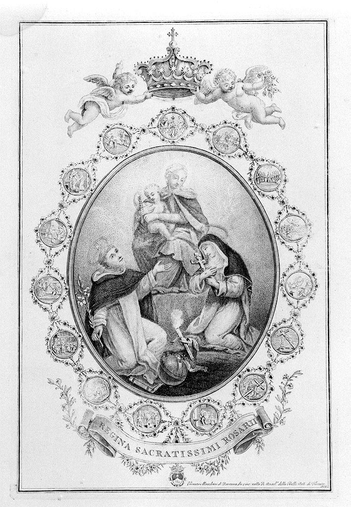 Madonna del Rosario con San Domenico e Santa Caterina da Siena (stampa) di Marchini Vincenzo (sec. XIX)