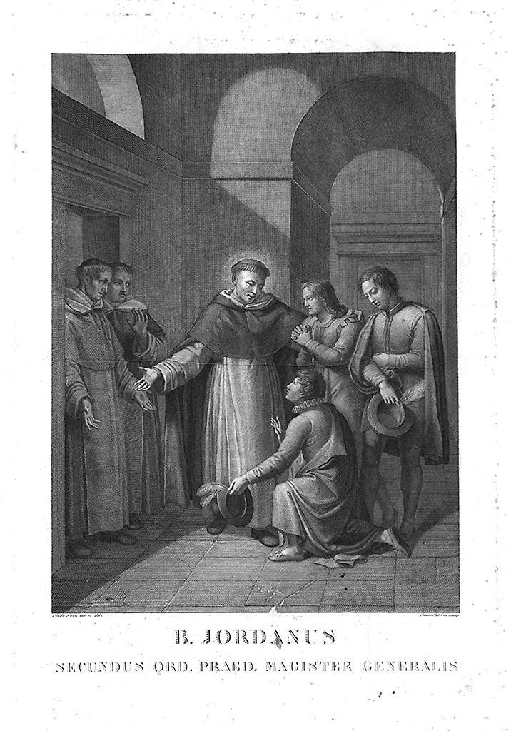 episodio della vita del beato Giordano di Sassonia (stampa) di Petrini Giovanni, Pozzi Andrea (sec. XIX)