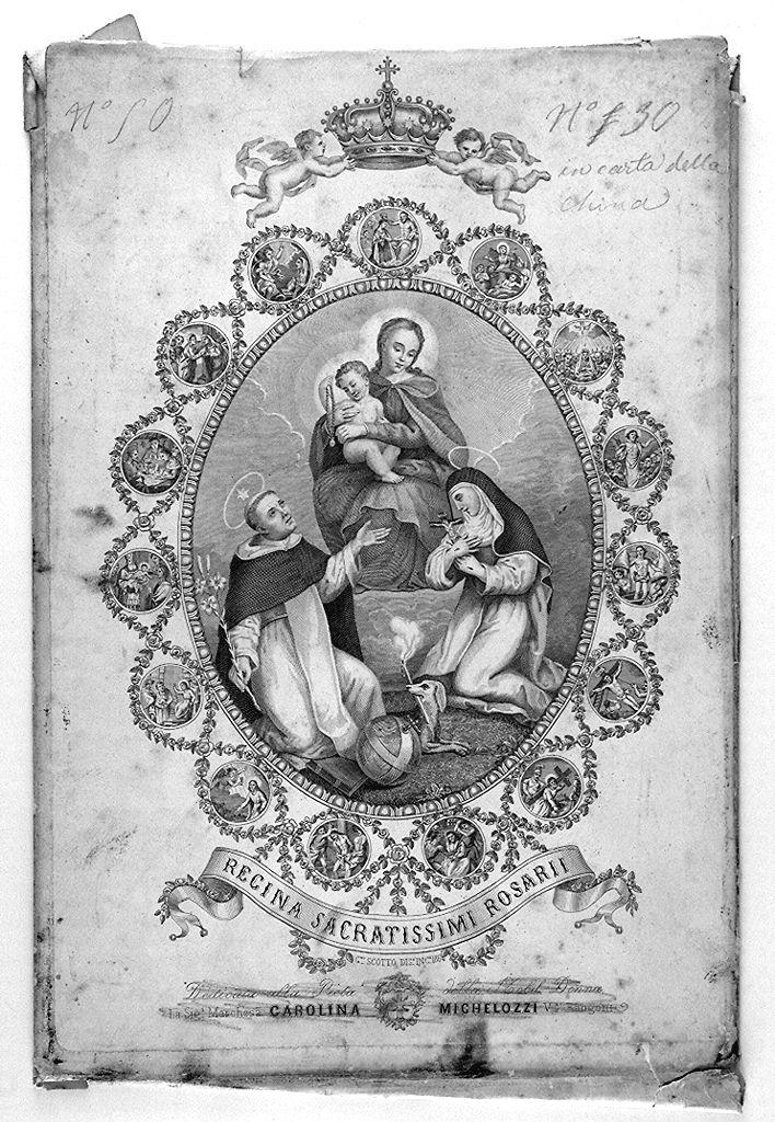 Madonna del Rosario con San Domenico e Santa Caterina da Siena (stampa) di Scotto Girolamo - ambito italiano (sec. XIX)