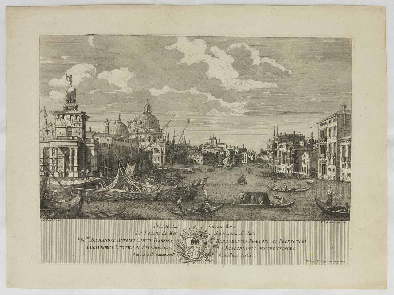 Prospectus Duanae Maris, Punta della Dogana e ingresso in Canal Grande (stampa, serie) di Giampiccoli Marco Sebastiano, Canaletto Giovanni Antonio - ambito veneto (ultimo quarto XVIII)