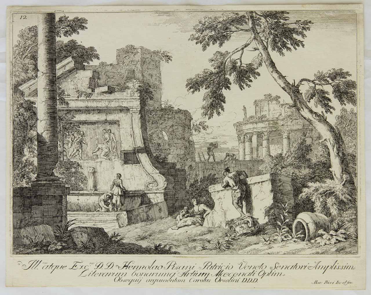 Capriccio con rovine classiche e statua acefala (stampa, serie) di Ricci Marco - ambito veneto (prima metà XVIII)