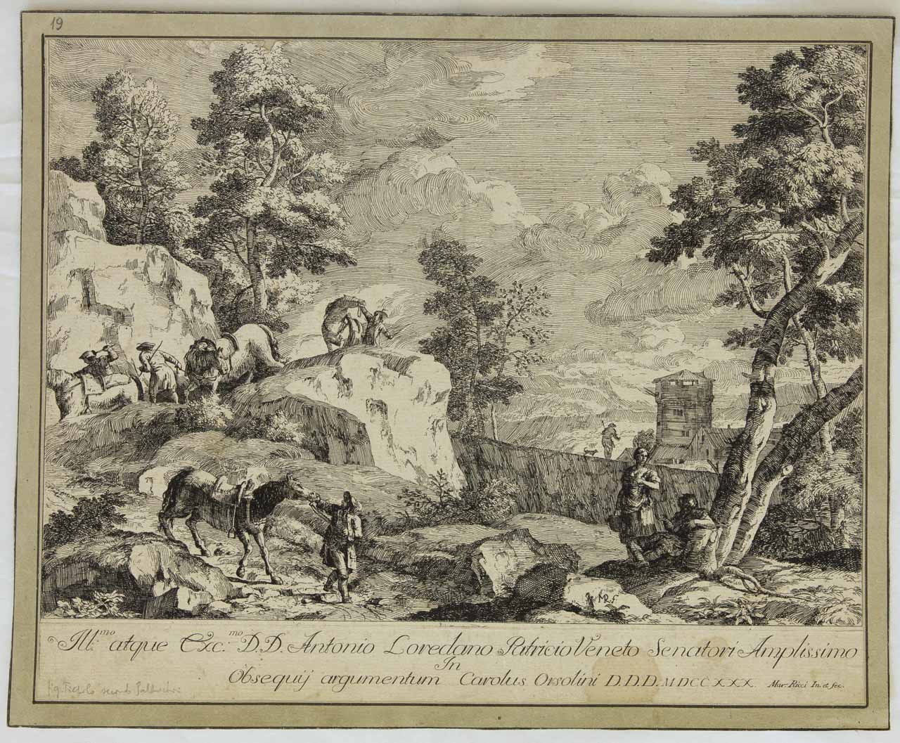 Paesaggio di montagna con cavalieri appiedati (stampa, serie) di Ricci Marco - ambito veneto (prima metà XVIII)