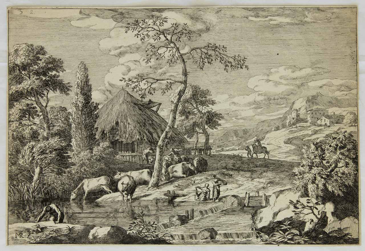 Paesaggio con armenti, lavandaie e capanna (stampa, serie) di Ricci Marco - ambito veneto (prima metà XVIII)