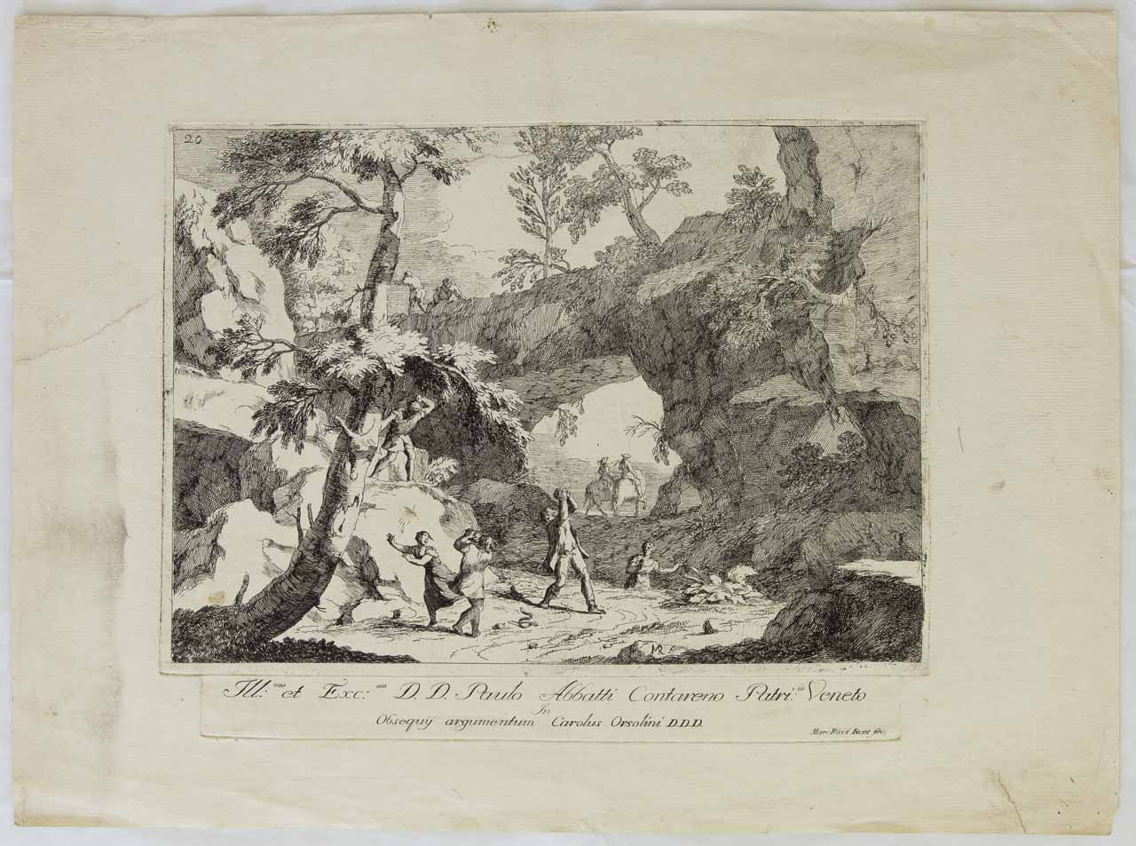 Paesaggio con arco naturale e l'uccisione della serpe (stampa, serie) di Ricci Marco - ambito veneto (prima metà XVIII)