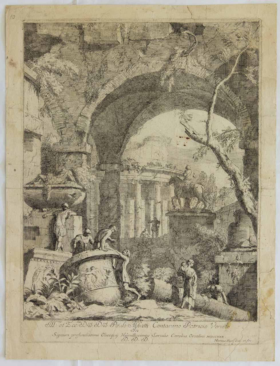 Capriccio con rovine e tempio rotondo (stampa, serie) di Ricci Marco - ambito veneto (prima metà XVIII)