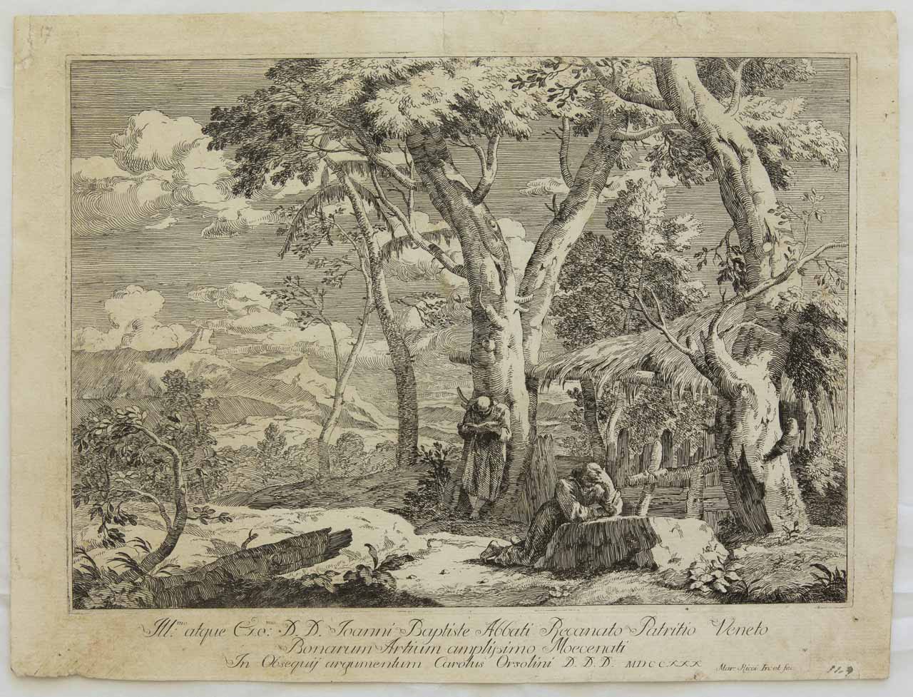 Paesaggio con due monaci (stampa, serie) di Ricci Marco - ambito veneto (prima metà XVIII)