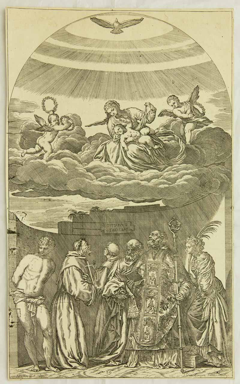 Madonna con il Bambino in gloria e santi (stampa, serie) di Vecellio Tiziano, Lefebre Valentin - ambito veneto (seconda metà XVII)