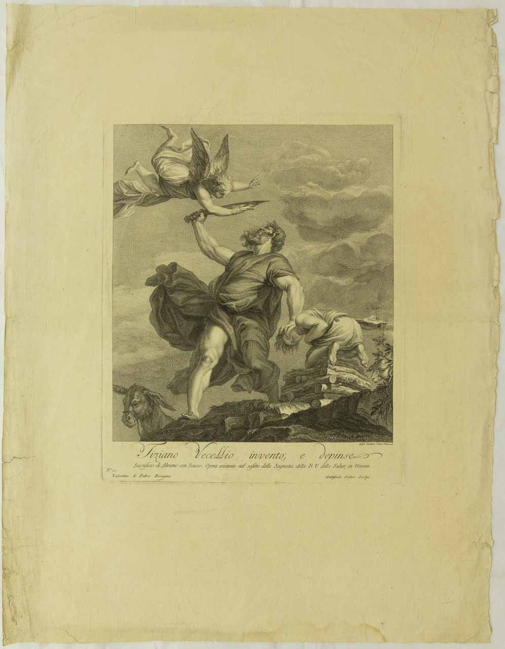 Sacrificio di Abramo con Isacco. Opera esistente nel sofitto della Sagrestia della B. V. della Salute, in Venezia, Sacrificio di Isacco (stampa, serie) di Vecellio Tiziano, Lefebre Valentin, Seutter Geoffroy - ambito veneto (ultimo quarto XVIII)