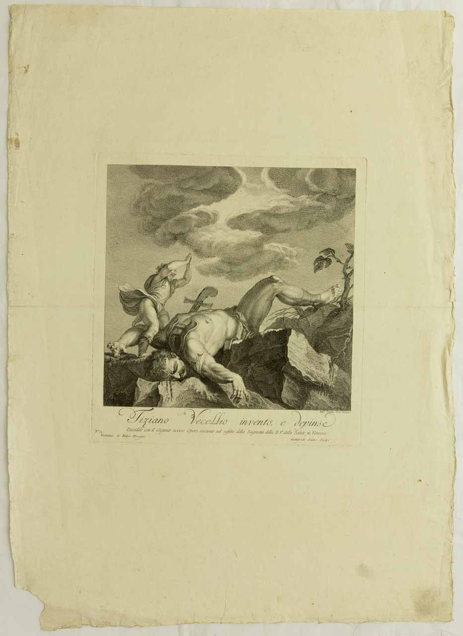 Davidde con il Gigante ucciso. Opera esistente nel sofitto della Sagrestia della B. V. della Salute, in Venezia, Davide e Golia (stampa, serie) di Vecellio Tiziano, Lefebre Valentin, Seutter Geoffroy - ambito veneto (ultimo quarto XVIII)