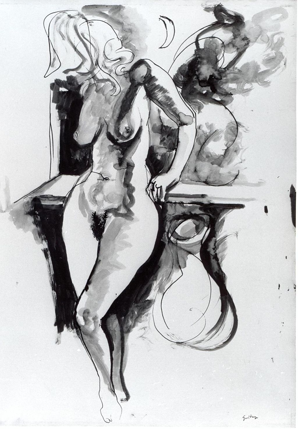 Nudo sul balcone, figura femminile nuda (disegno) di Guttuso Renato (attribuito) (sec. XX)