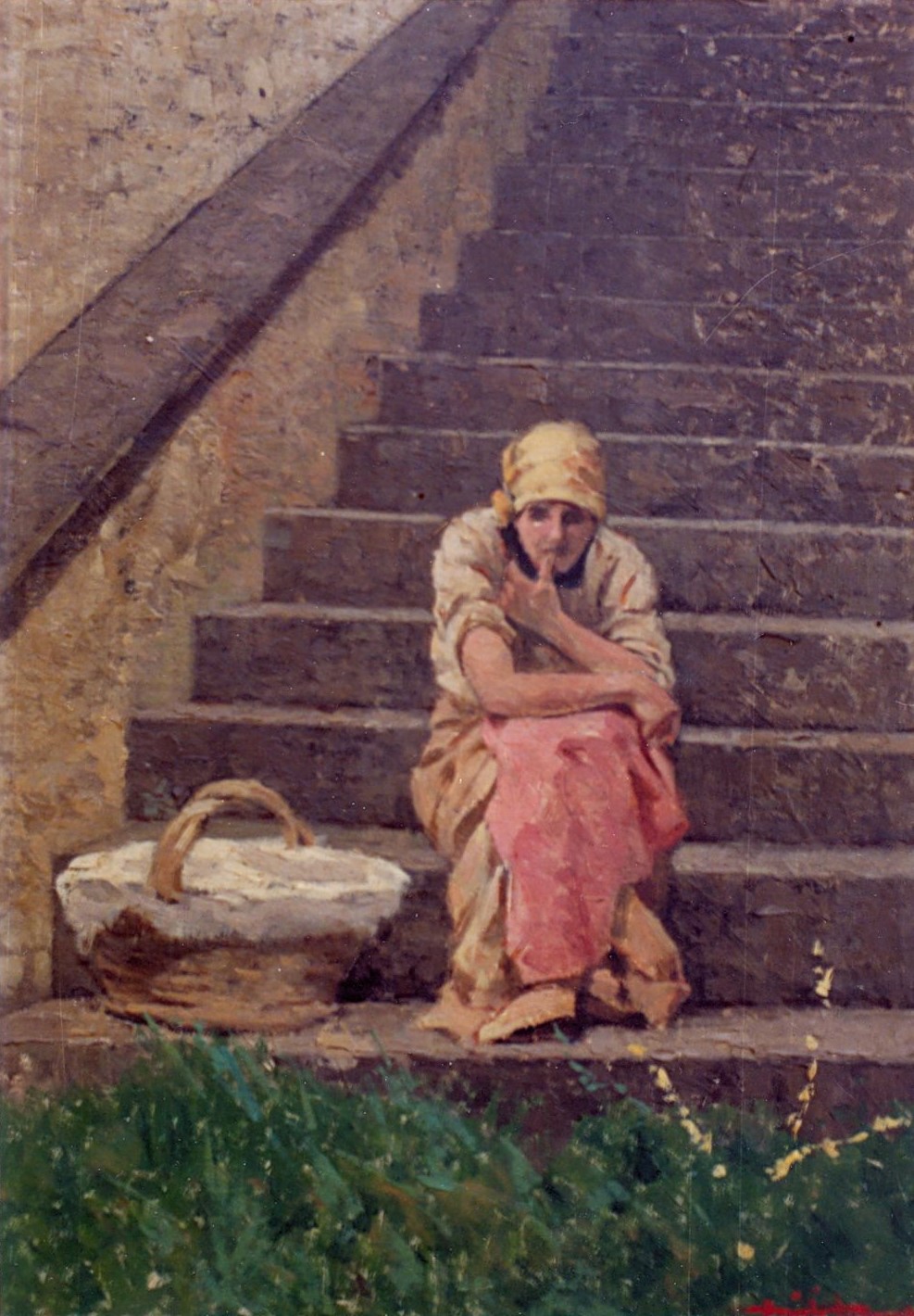 Il riposo della gabbrigiana, figura femminile seduta (dipinto) di Tommasi Angelo (fine sec. XIX)