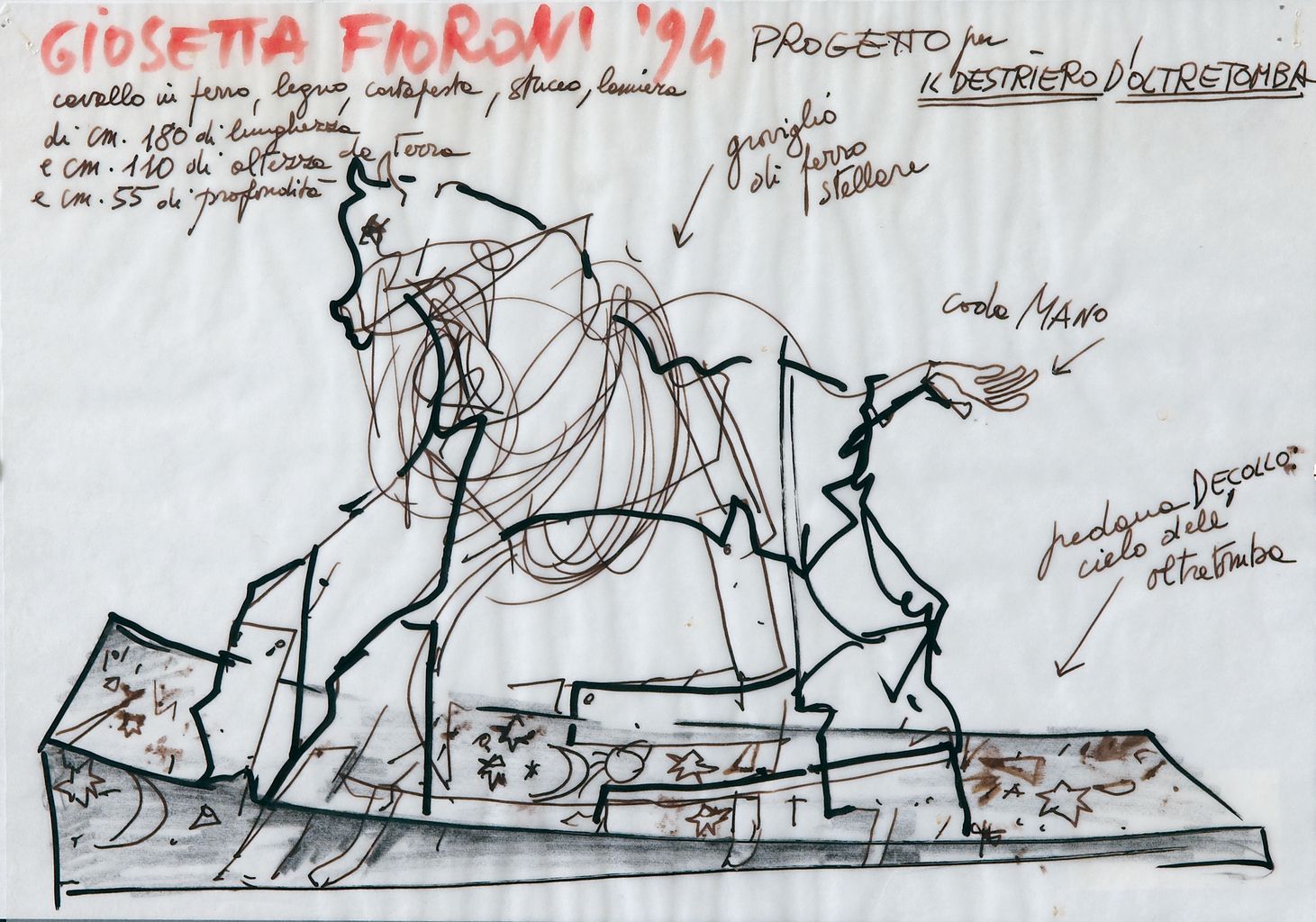 Il destriero d'oltretomba, cavallo della morte (disegno preparatorio) di Fioroni Giosetta (attribuito) (sec. XX)
