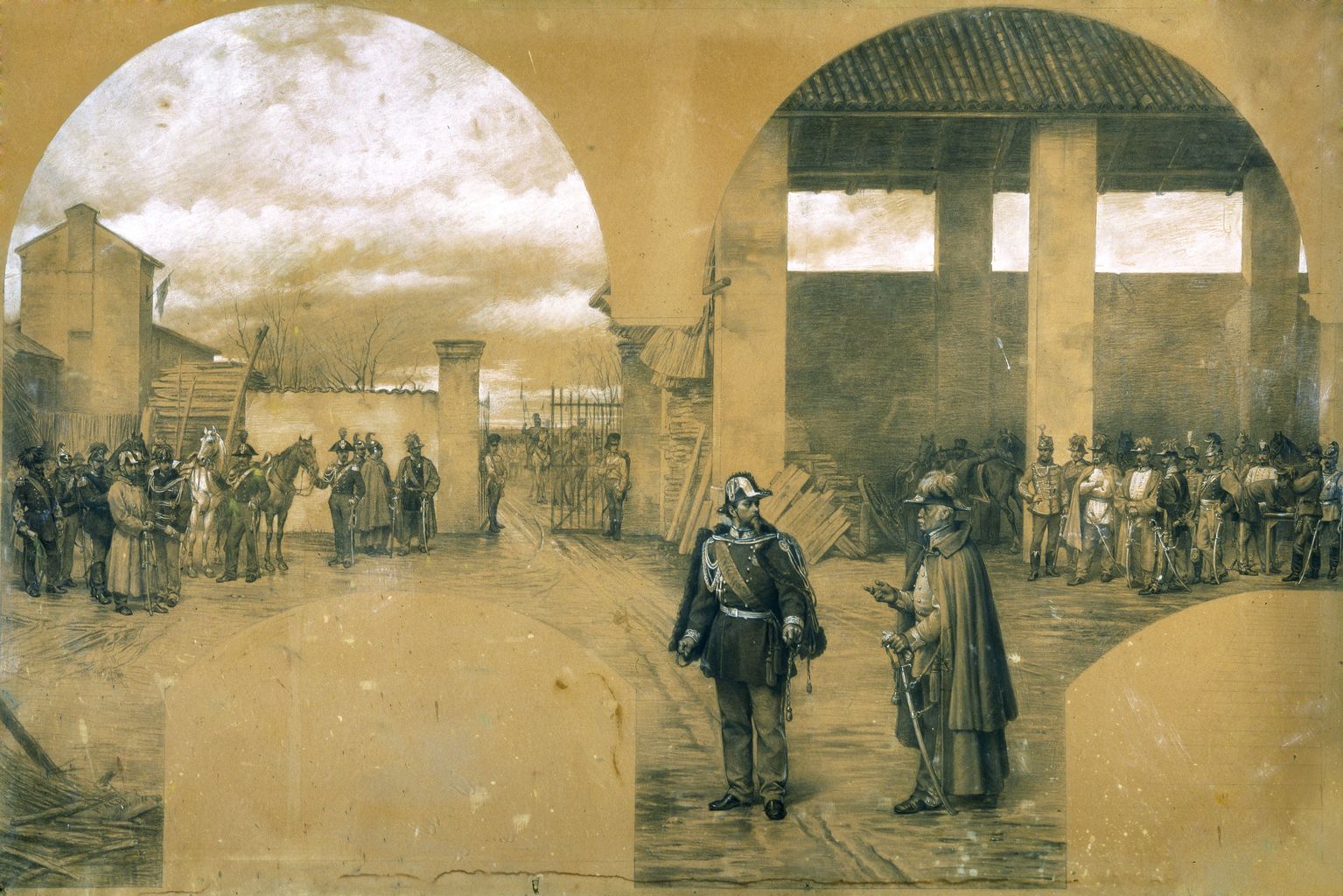 L'incontro tra il maresciallo Radetzky e Vittorio Emanuele II alla cascina di Vignale (disegno preparatorio) di Aldi Pietro (attribuito) (sec. XIX)