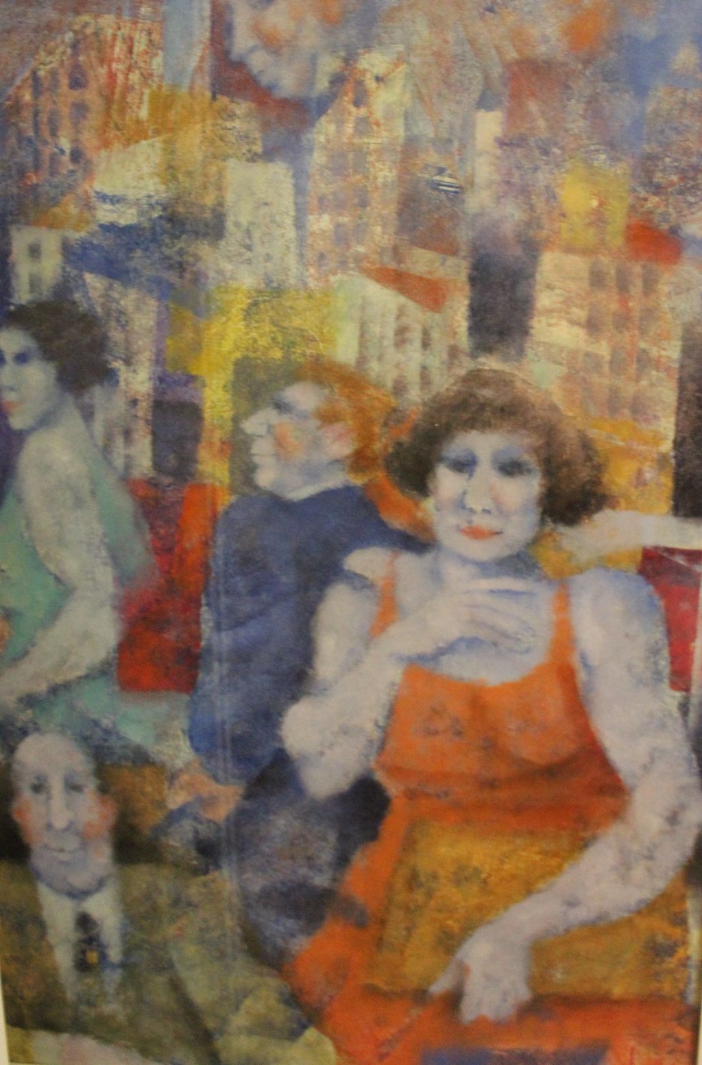 Metropoli, veduta di metropoli con uomini e donne (dipinto) di Squillantini Remo (sec. XX)