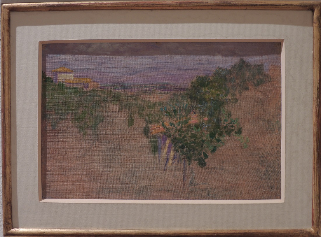Casa della Farnia da lontano, Paesaggio campestre (dipinto) di Giorgio Kienerk (sec. XX)