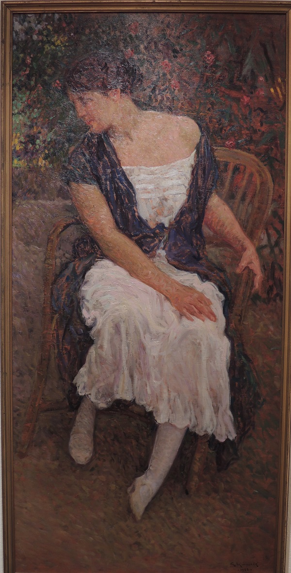 Ritratto di signora in giardino (Margherita), Figura femminile (dipinto) di Kienerk Giorgio (sec. XX)