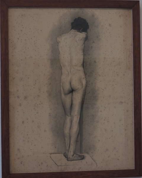 Nudo da tergo con braccia e testa appoggiate a un sostegno, Figura maschile (disegno) di Kienerk Giorgio (sec. XIX)