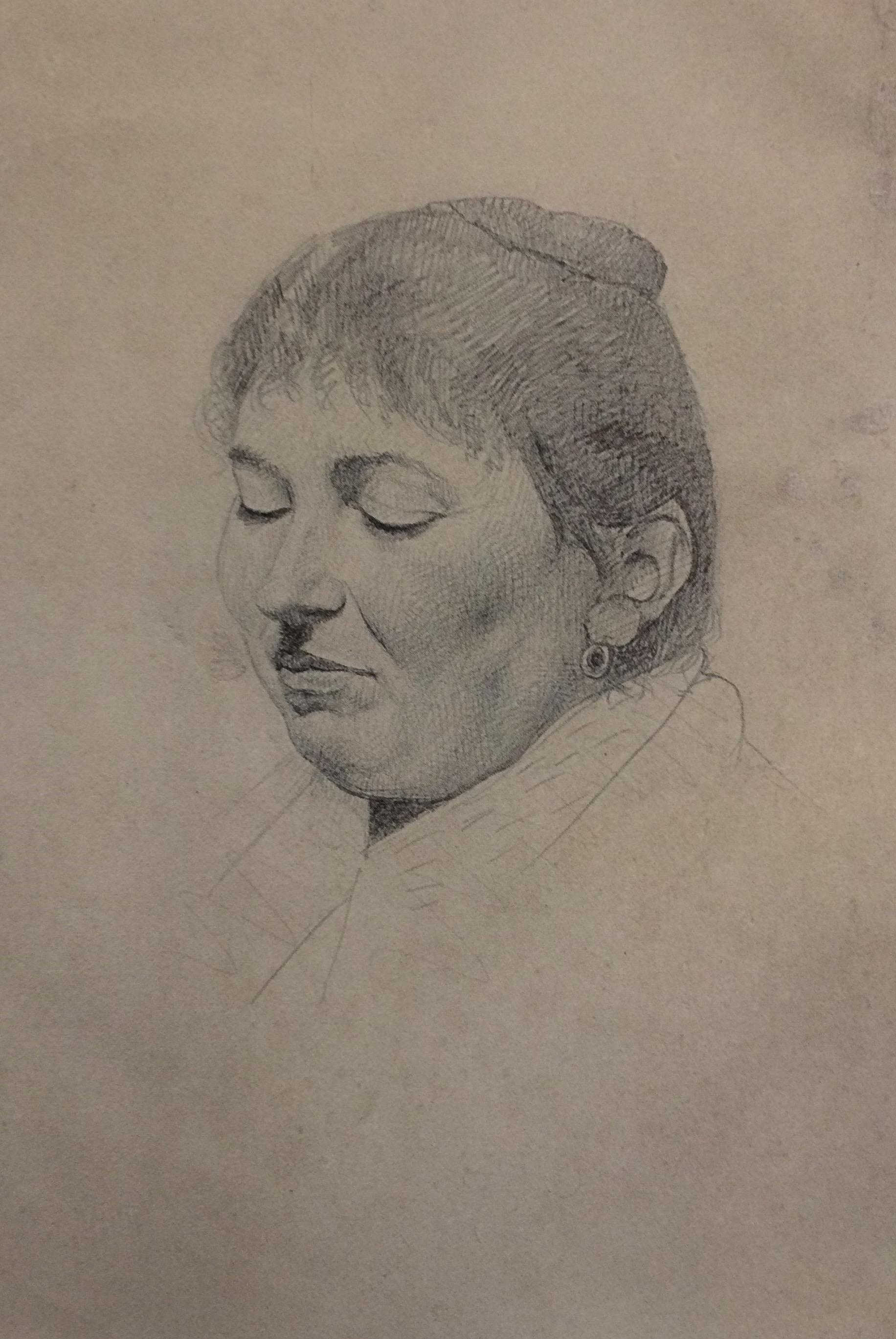 Testa di donna con capelli raccolti e sguardo abbassato, Volto femminile (disegno) di Kienerk Giorgio (sec. XIX)