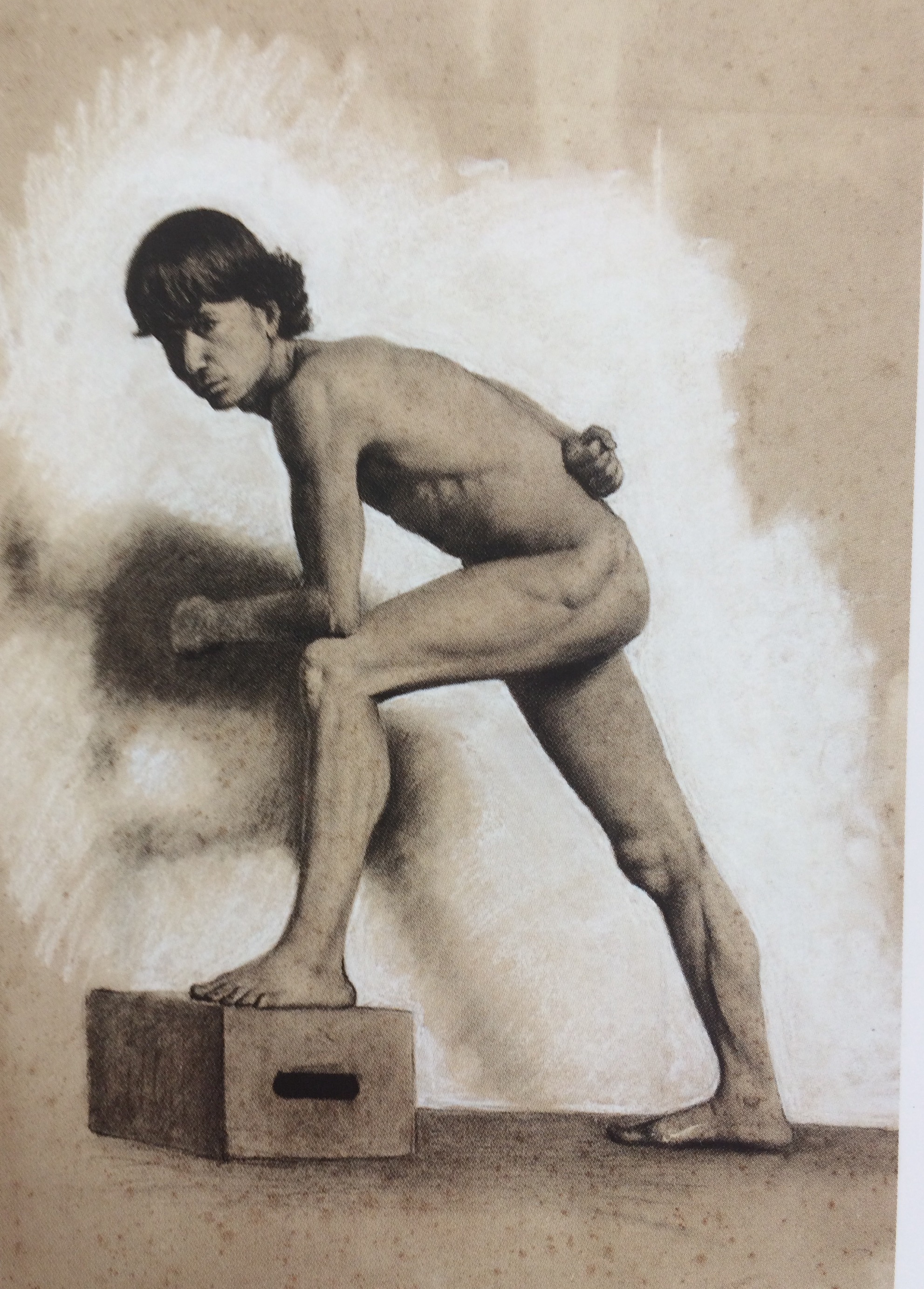 Nudo con gamba appoggiata a un sostegno, Figura maschile (disegno) di Kienerk Giorgio (sec. XIX)