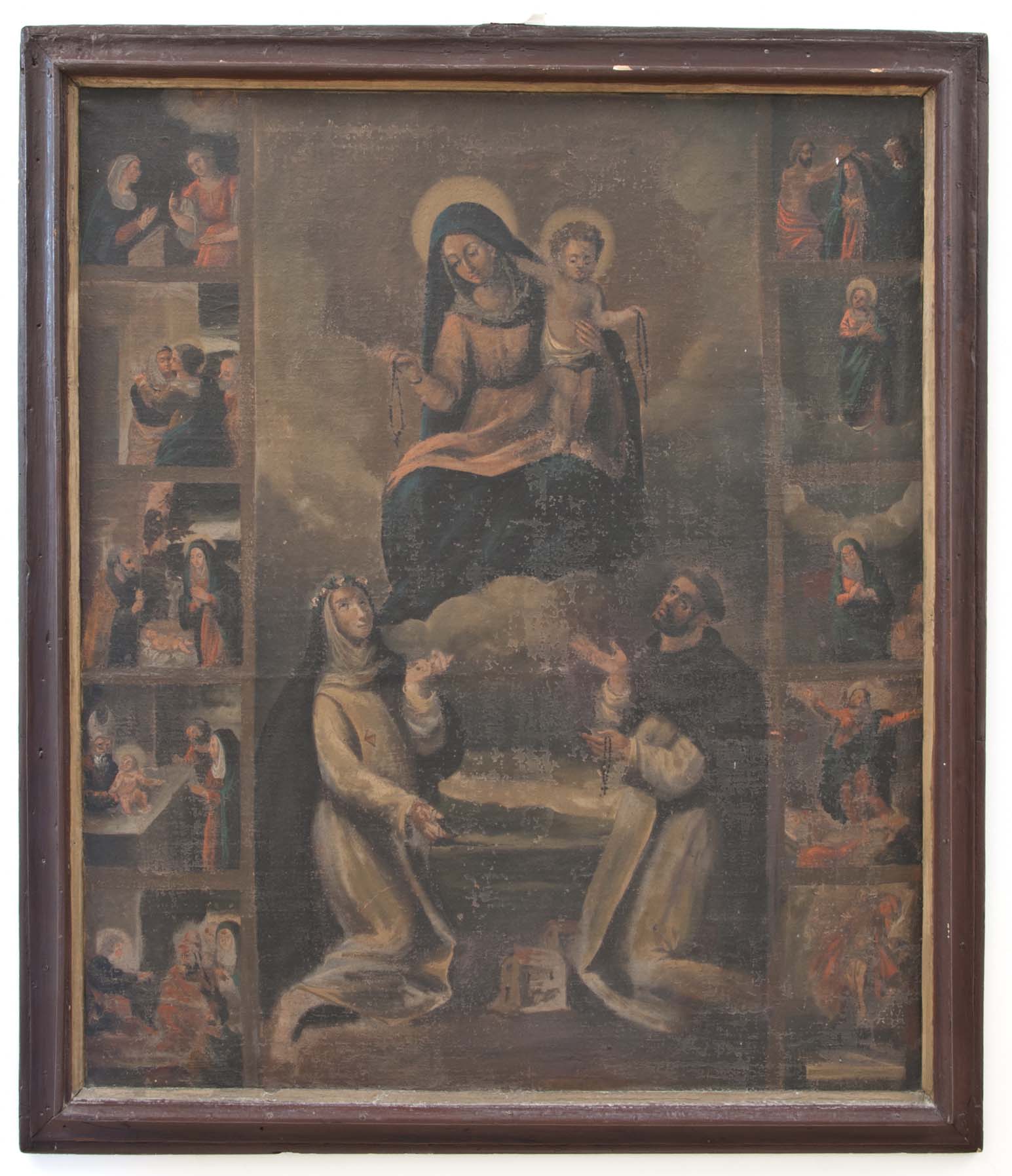 MADONNA DEL ROSARIO CON MISTERI E SANTI DOMENICANI (dipinto - dipinto su tela, opera isolata) di Ignoto (maniera) - ambito Italia meridionale (XVII)