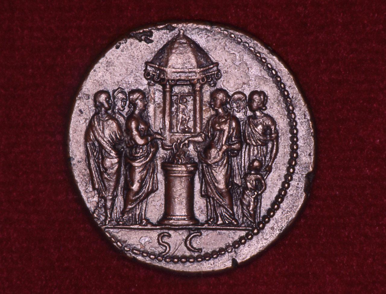 ritratto di Faustina minore, scena di sacrificio (medaglia) di Giovanni da Cavino detto il Padovano (scuola) (sec. XVI)
