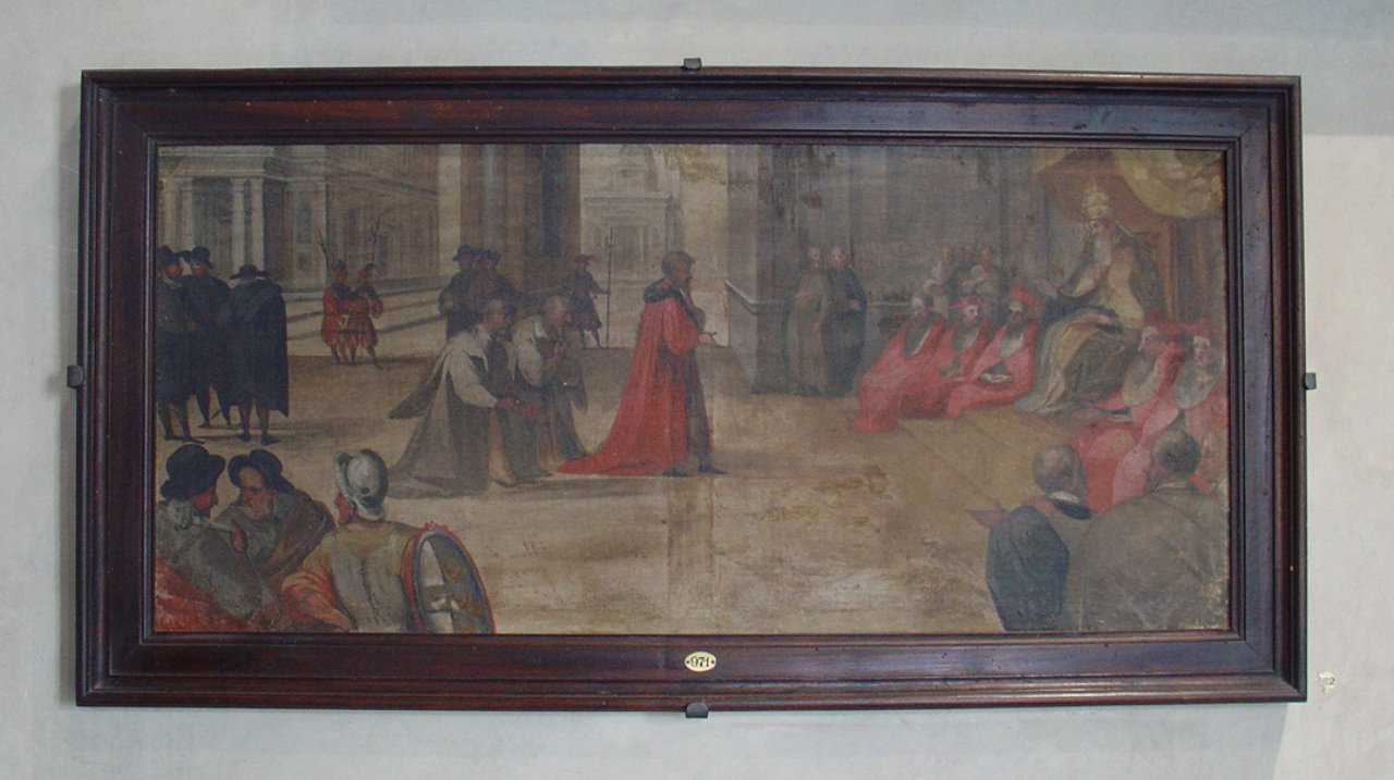 Enea Silvio Piccolomini fa atto di sottomissione a papa Eugenio IV (dipinto) - ambito senese (secc. XVI/ XVII)