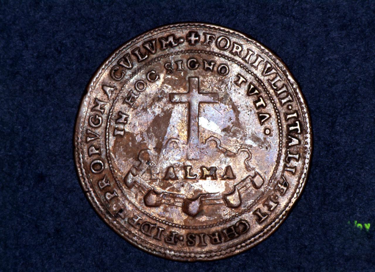 veduta di fortificazioni (medaglia) - ambito veneto (ultimo quarto sec. XVI)