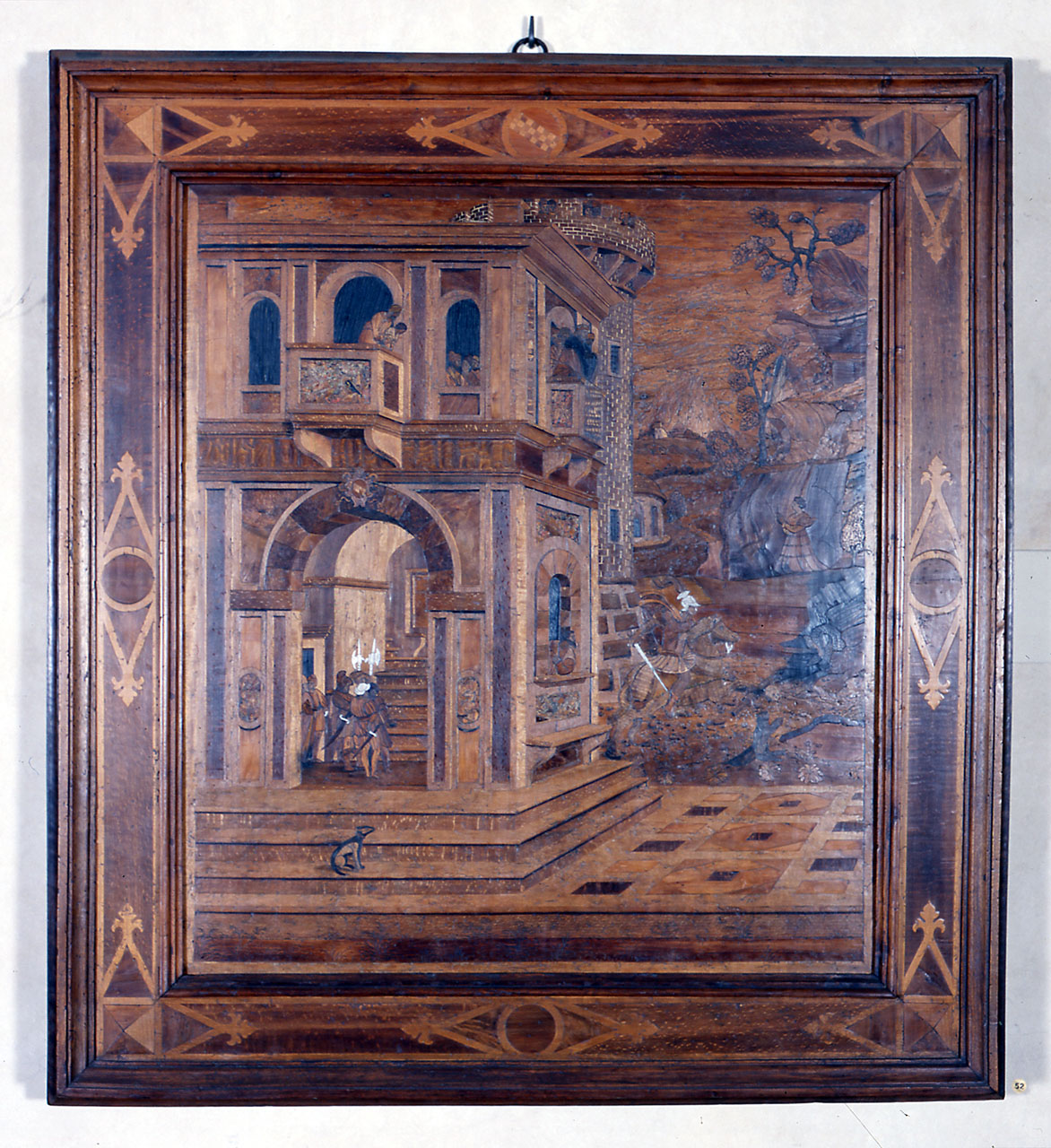San Giorgio e il drago (decorazione a intarsio) di Zambelli Damiano (bottega) (secondo quarto sec. XVI)