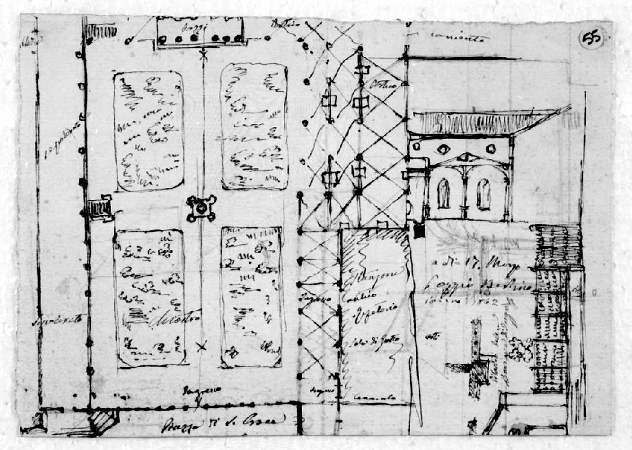schizzo del primo chiostro del convento di S. Croce a Firenze ed elementi architettonici (disegno architettonico) - ambito toscano (sec. XIX)