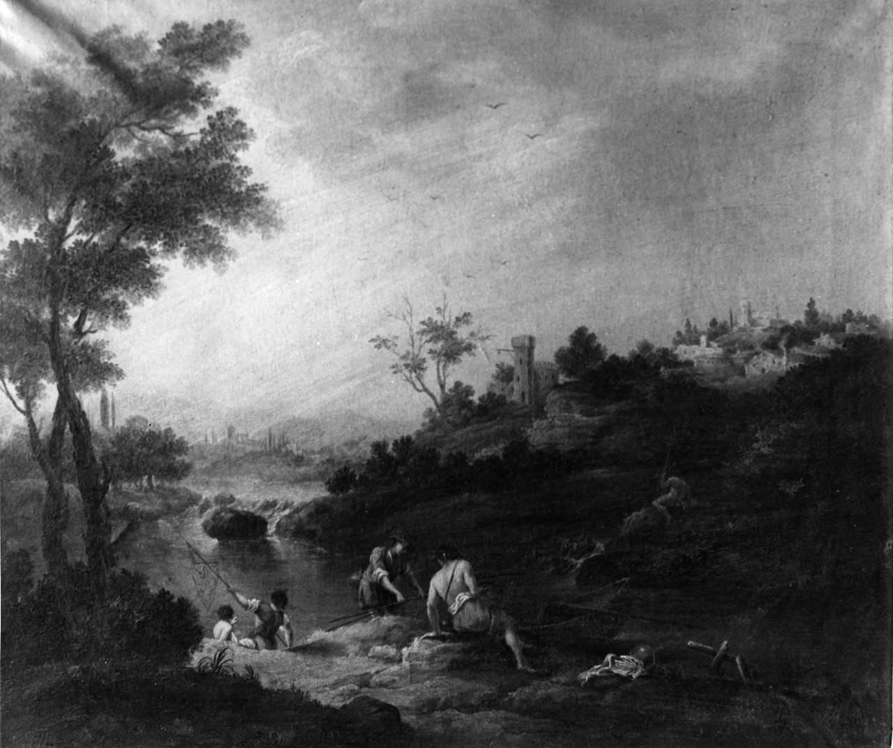paesaggio con pescatori in riva ad un fiume (dipinto) di Contestabili Niccolò (sec. XVIII)