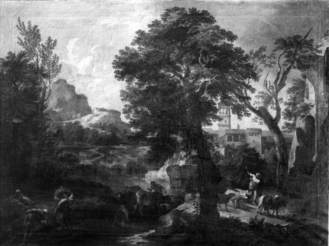 paesaggio con rovine, figure e animali (dipinto, pendant) di Locatelli Andrea (sec. XVIII)