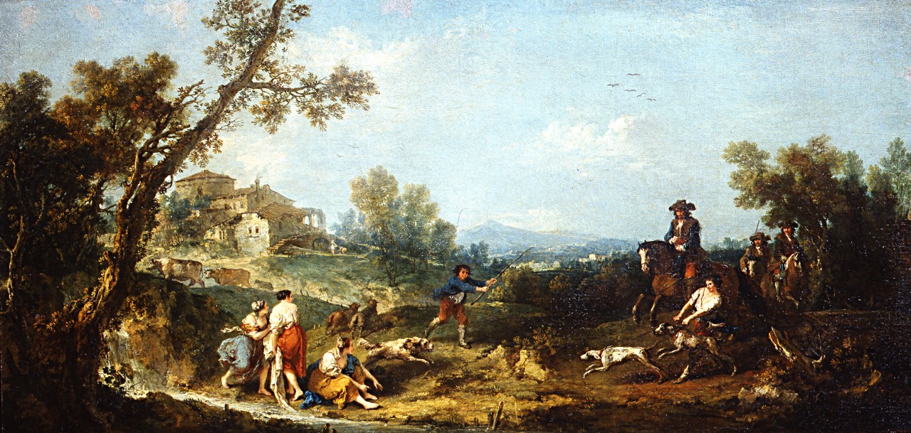 paesaggio con lavandaie e cacciatori (dipinto, pendant) di Zuccarelli Francesco (sec. XVIII)