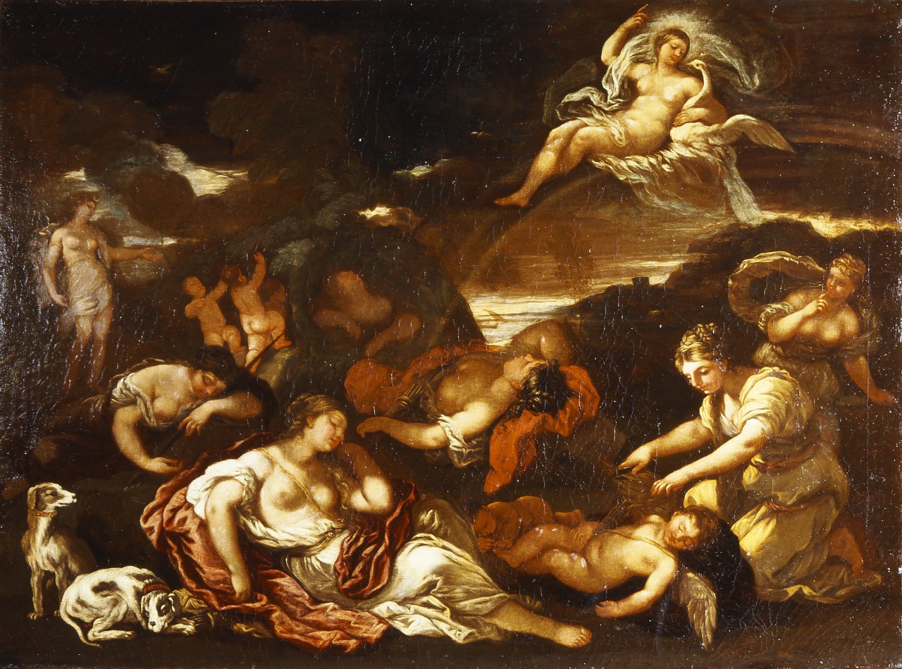 allegoria dell'aria con Leda e il cigno (dipinto) di Giordano Luca (bottega) (sec. XVII)