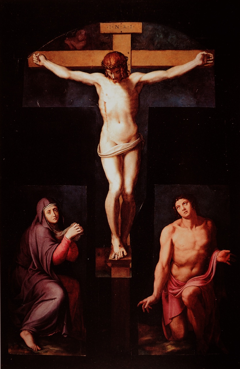 crocifissione di Cristo con la Madonna e San Giovanni Evangelista (dipinto) di Allori Alessandro (sec. XVI)