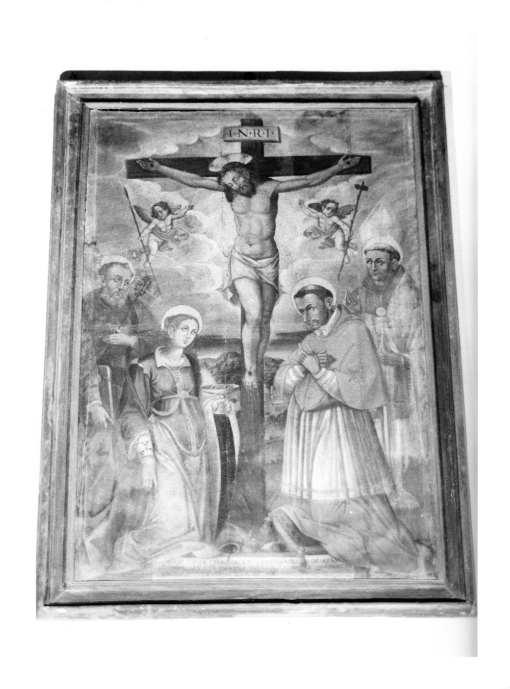 Cristo crocifisso tra San Giuseppe, Santa Lucia, San Carlo Borromeo e San Tommaso d'Aquino (dipinto, opera isolata) di Sensini Pietro Paolo (sec. XVII)