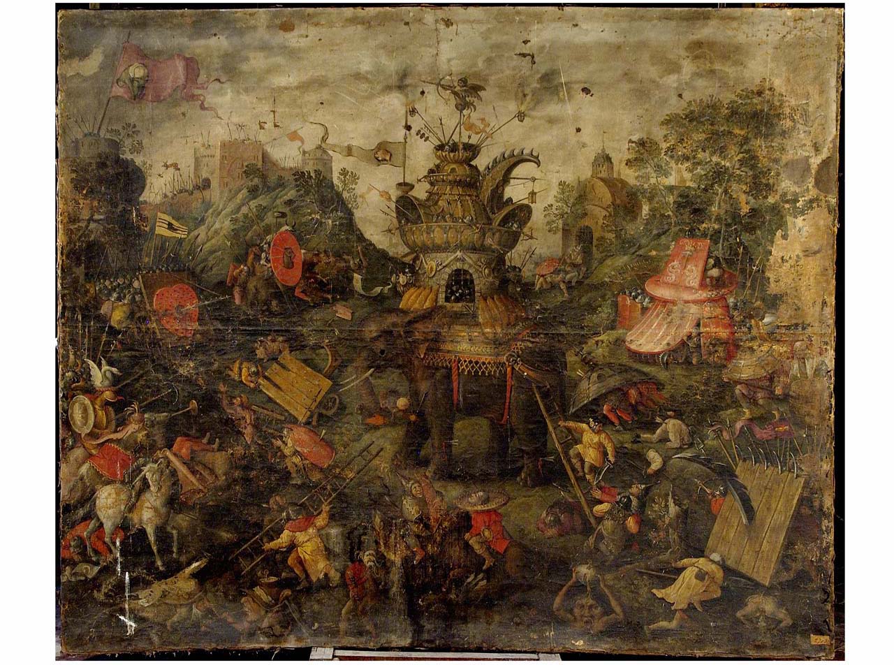 scena fantastica di battaglia (dipinto) - ambito fiammingo (prima metà sec. XVI)