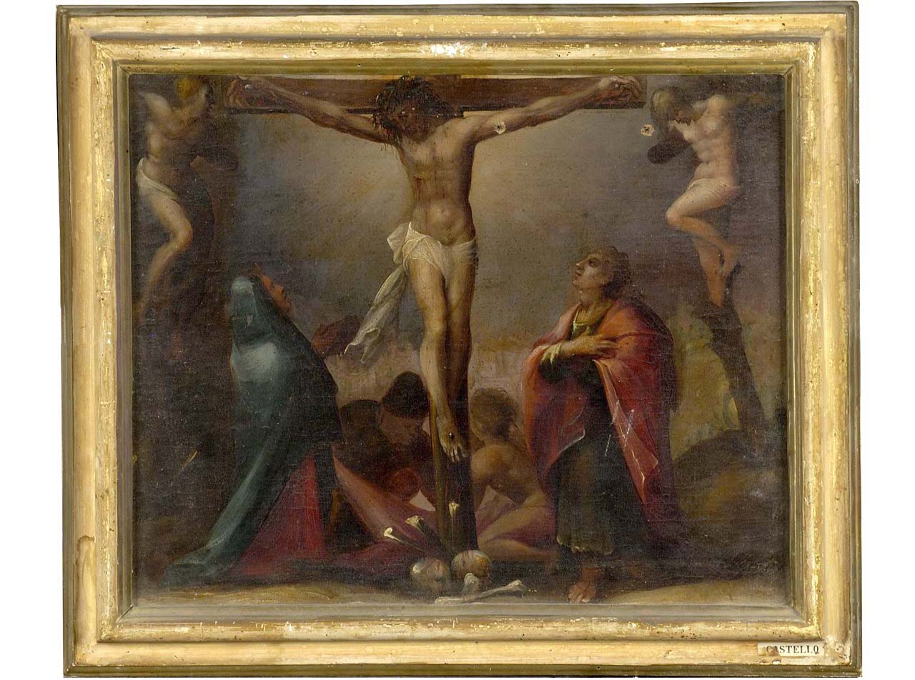 crocifissione di Cristo con la Madonna, San Giovanni Evangelista (dipinto) - ambito toscano (seconda metà sec. XVI)
