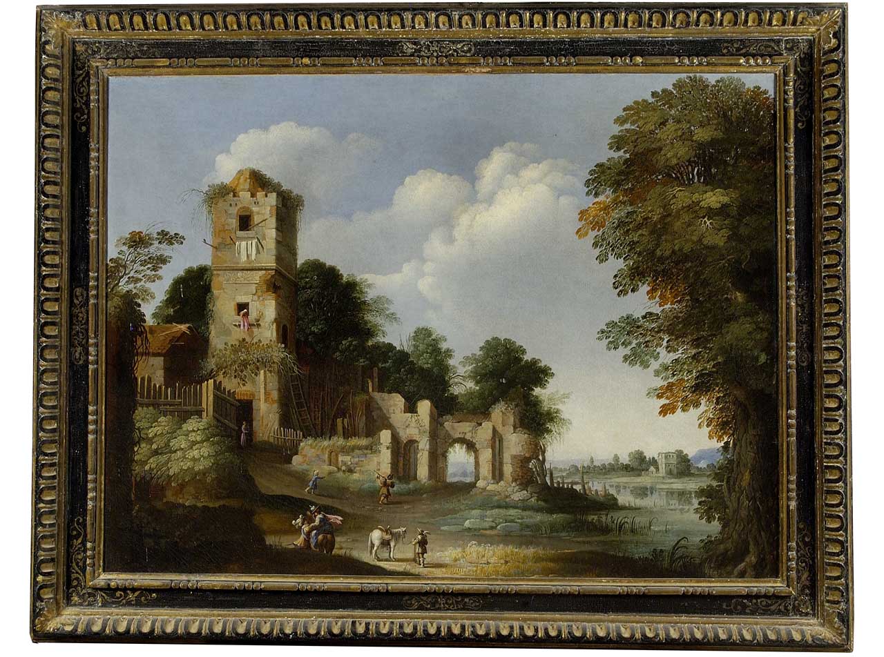 paesaggio con ruderi, figure e stagno (dipinto) di Filippo di Liagno detto Filippo Napoletano (sec. XVII)