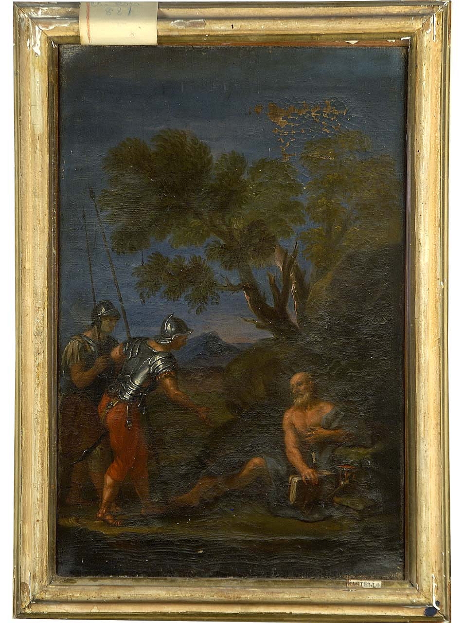 paesaggio con filosofo e due soldati (dipinto) - ambito toscano (sec. XVII)