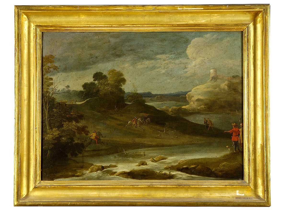 paesaggio fluviale con caccia al cervo (dipinto) di Filippo di Liagno detto Filippo Napoletano (sec. XVII)