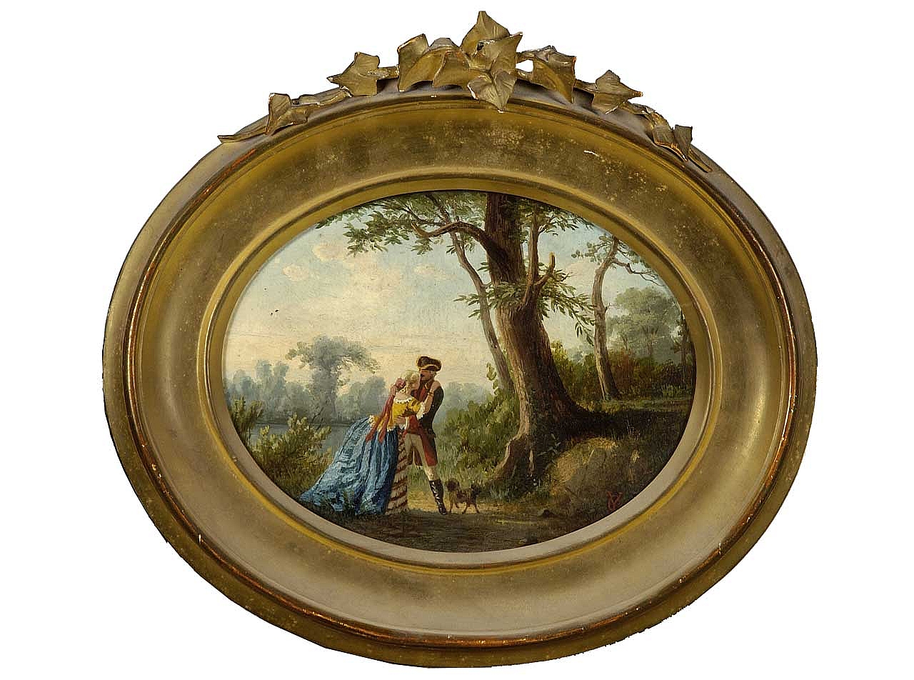 paesaggio con l'incontro di due amanti (dipinto) - ambito italiano (sec. XIX)