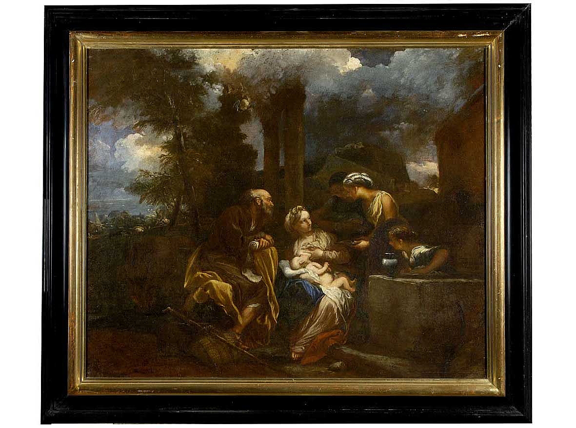 riposo nella fuga in Egitto con la Madonna che allatta Gesù Bambino (dipinto) di Mehus Livio (sec. XVII)
