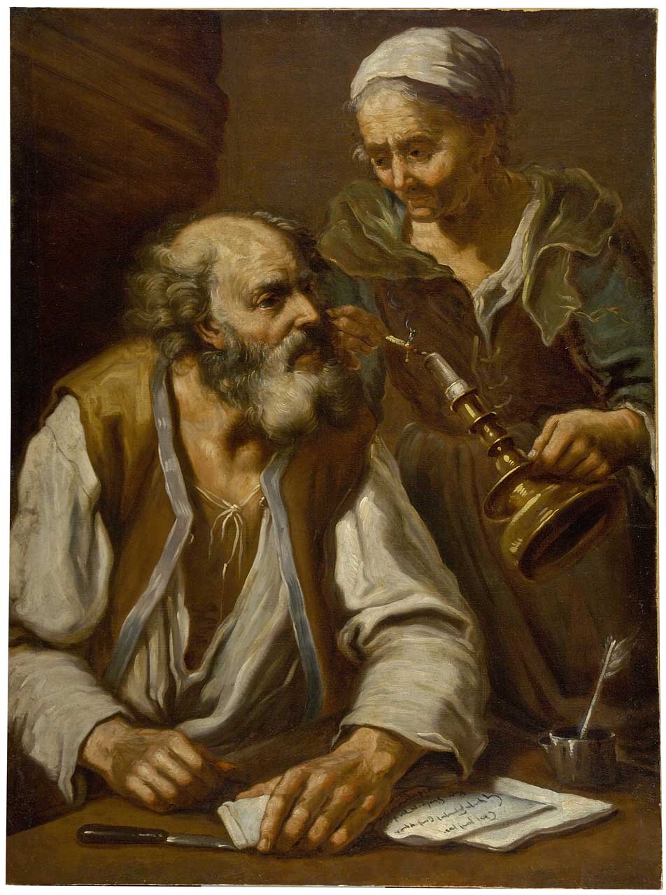 il sigillo della lettera o il Fuoco, due vecchi con candela (dipinto) di Monsù Bernardo (attribuito) (sec. XVII)