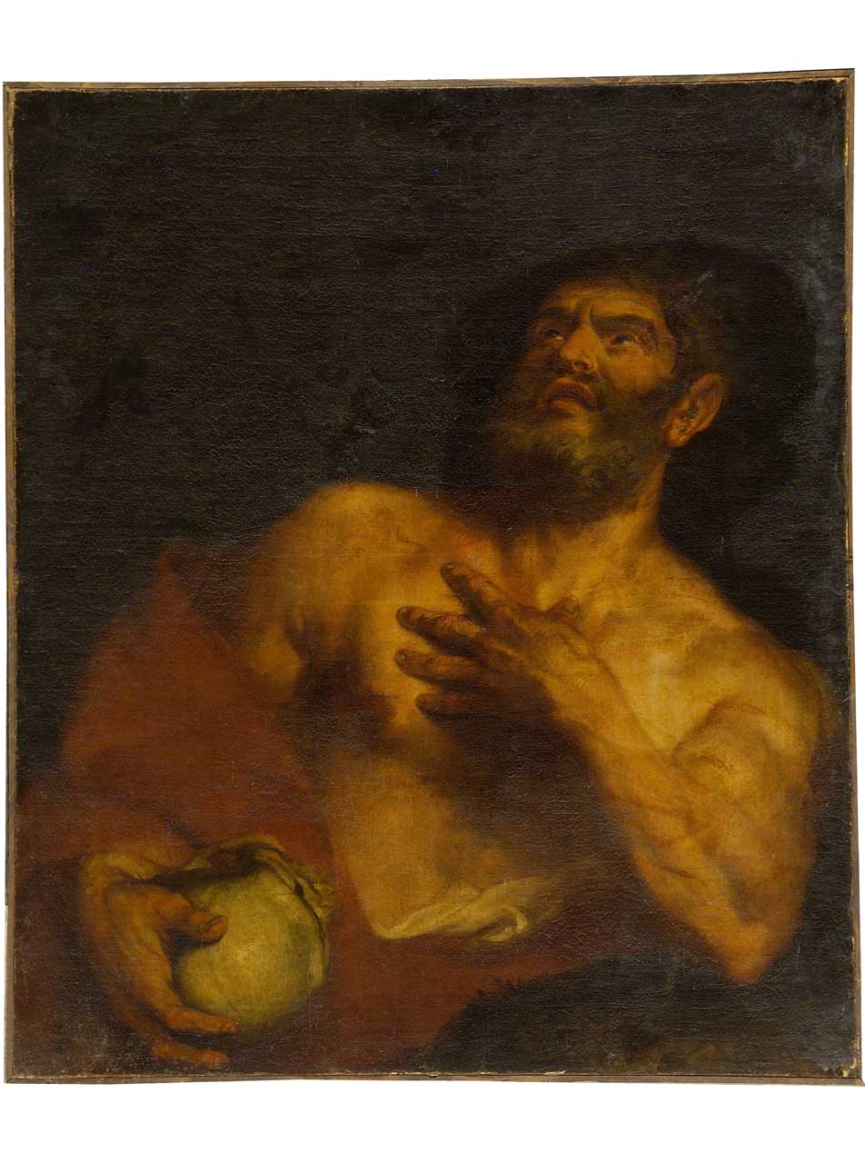 figura maschile con teschio (dipinto) di Sacconi Francesco (attribuito) (seconda metà sec. XVII)
