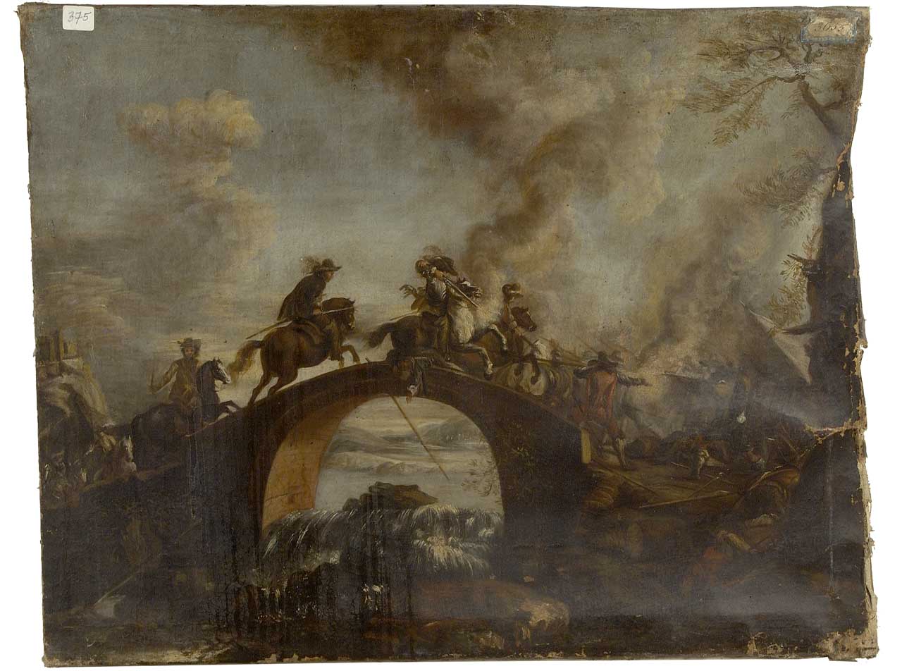 battaglia su un ponte (dipinto) di Courtois Guillaume (maniera) (seconda metà sec. XVII)