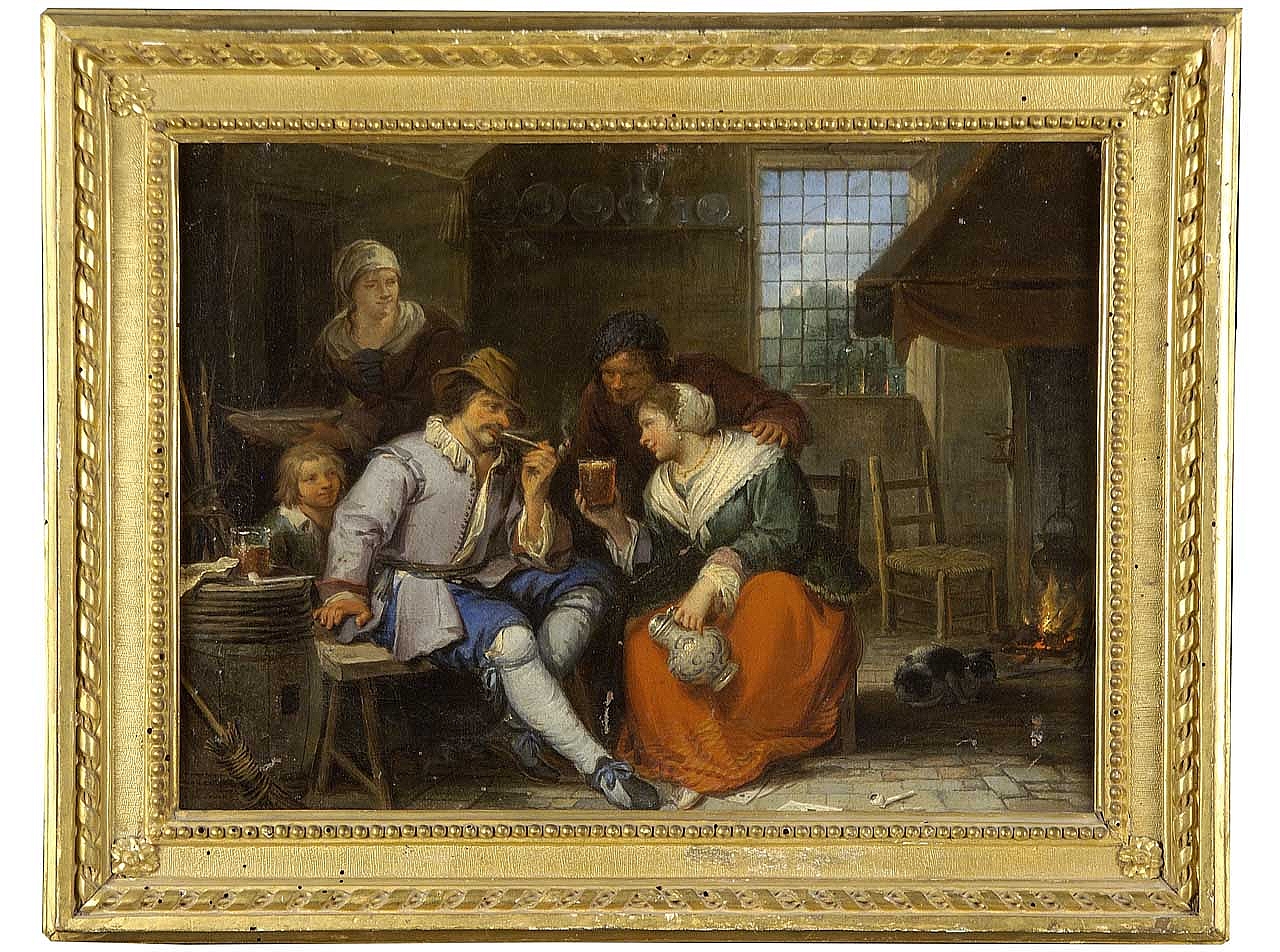 interno con figure (dipinto) di Helmbrecker Dirk Theodor (attribuito) (sec. XVII)