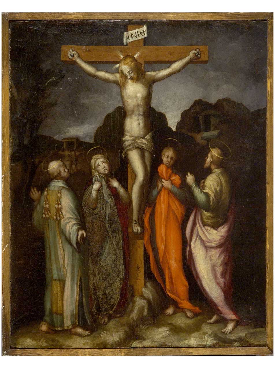 crocifissione di Cristo con la Madonna, San Giovanni Evangelista, un santo e un diacono (dipinto) di Morandini Francesco detto il Poppi (?) (ultimo quarto sec. XVI)