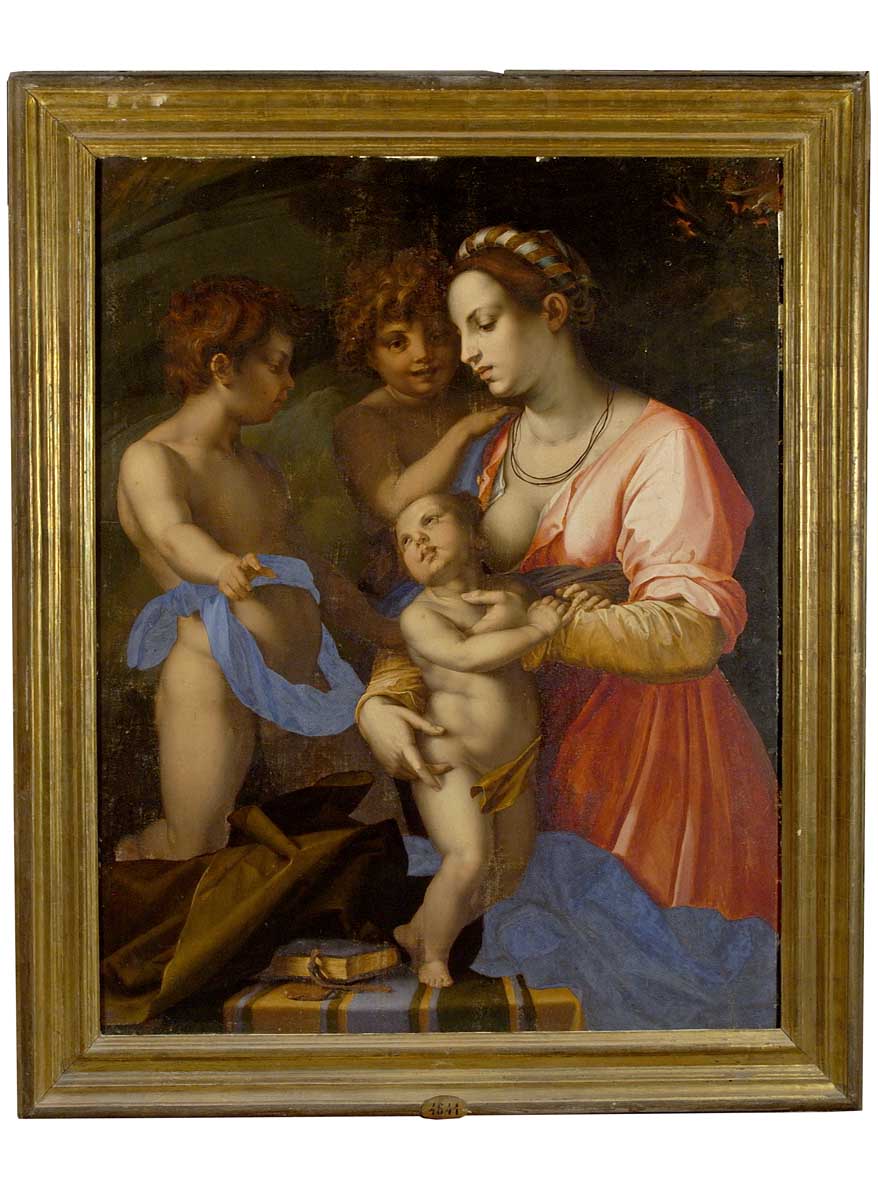 Madonna con Bambino e San Giovannino e un angelo (dipinto) di Andrea del Sarto (maniera) (sec. XVI)